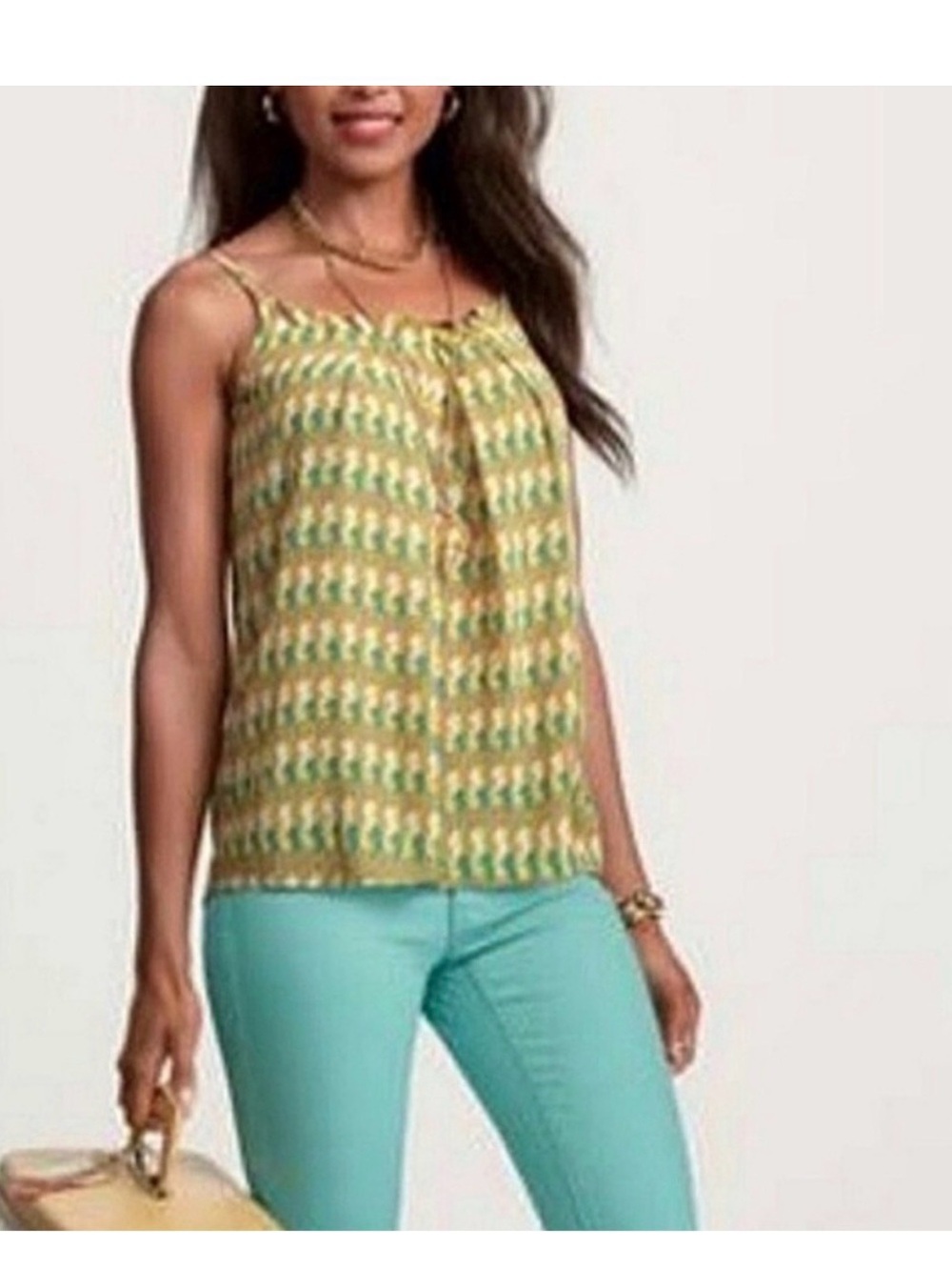 CAbi Yellow and Green Printed Spaghetti-Strap Camisole